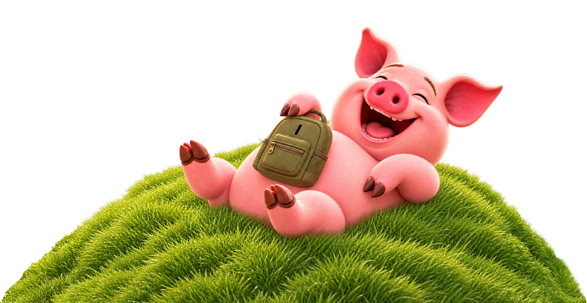 A cheerful pig lying back in the grass, hugging a piggy-bank backpack