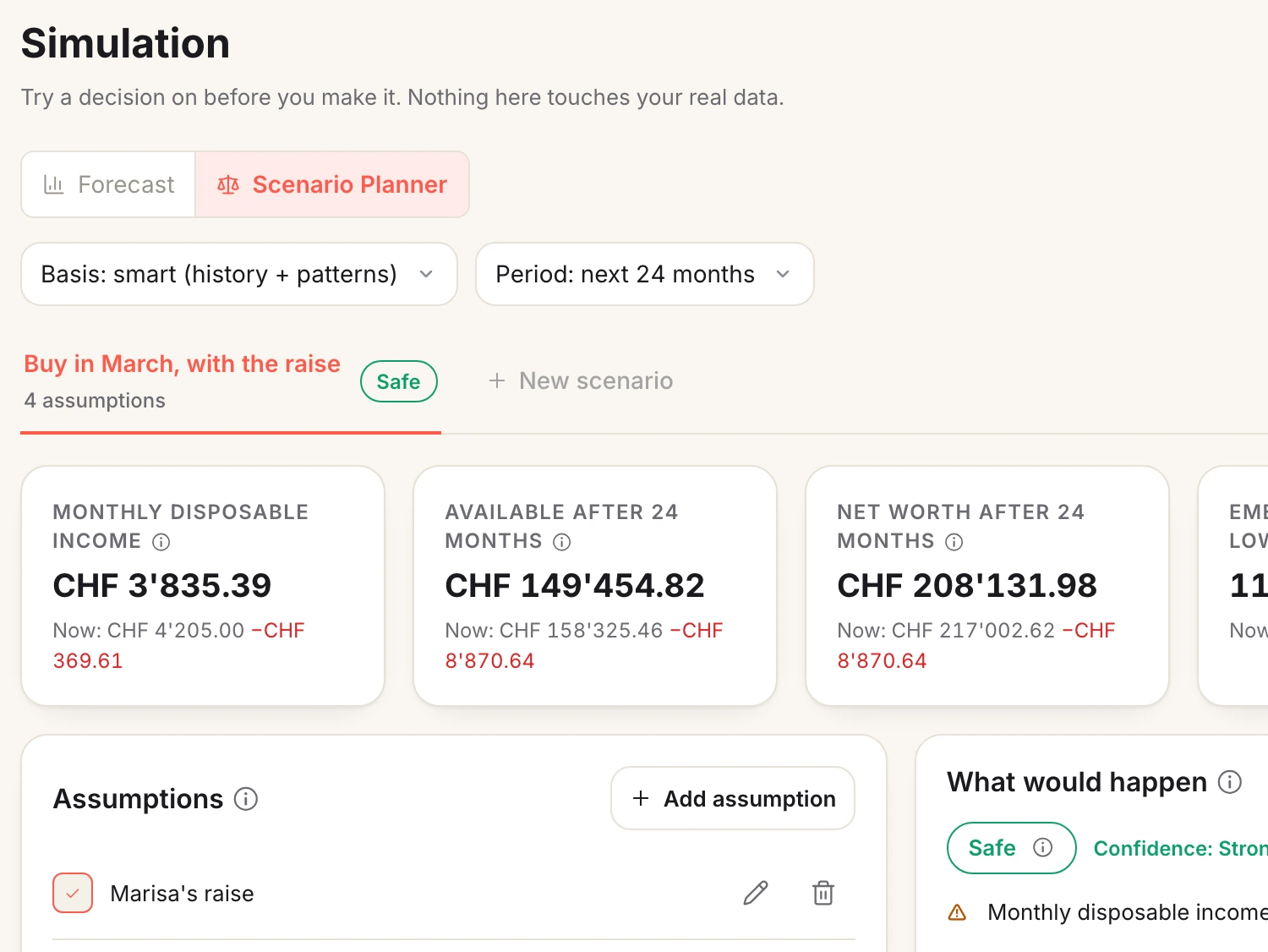 A screen from Spendhog: Try a decision before you make it