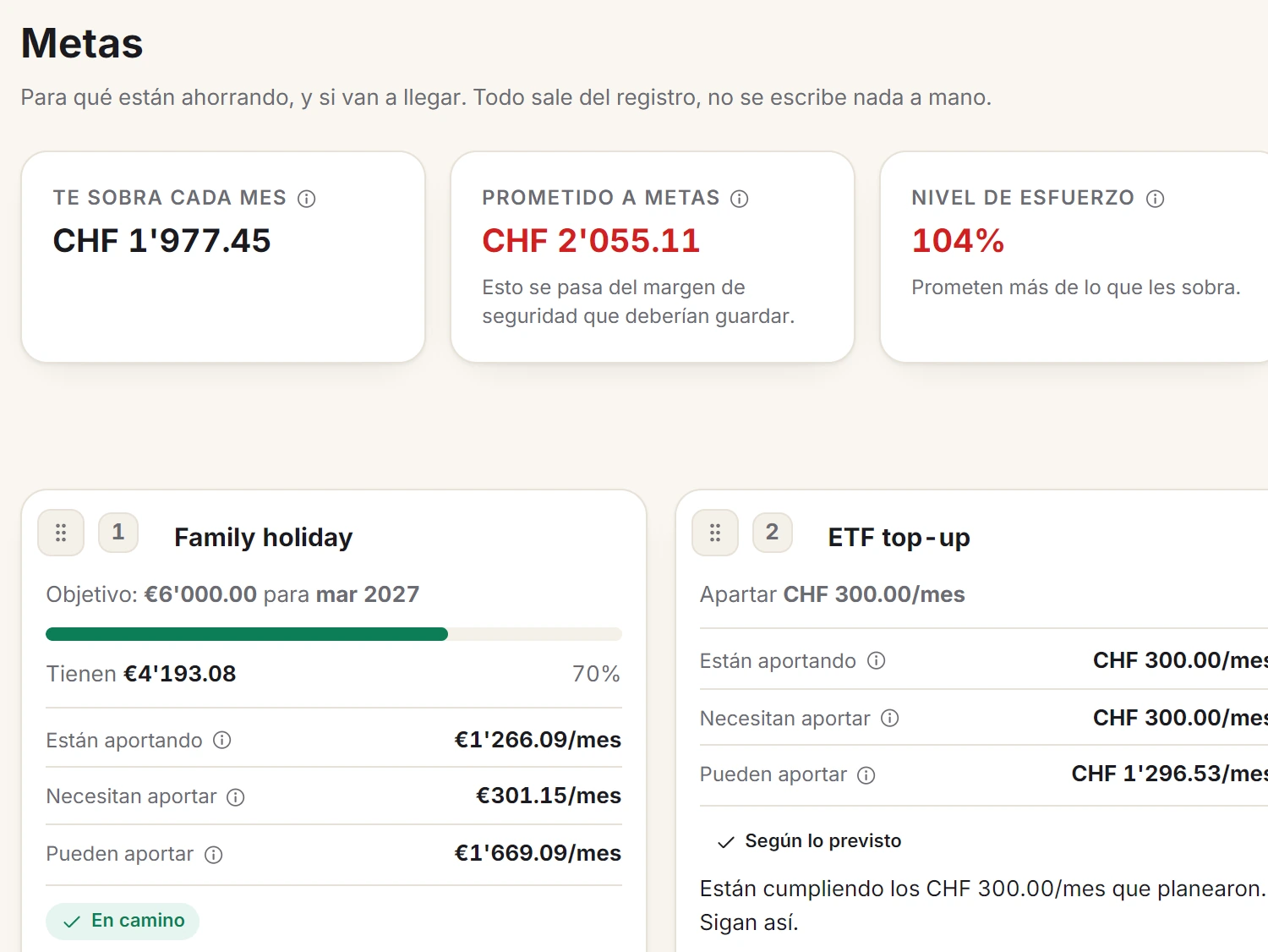 Una pantalla de Spendhog: Metas conectadas a saldos reales
