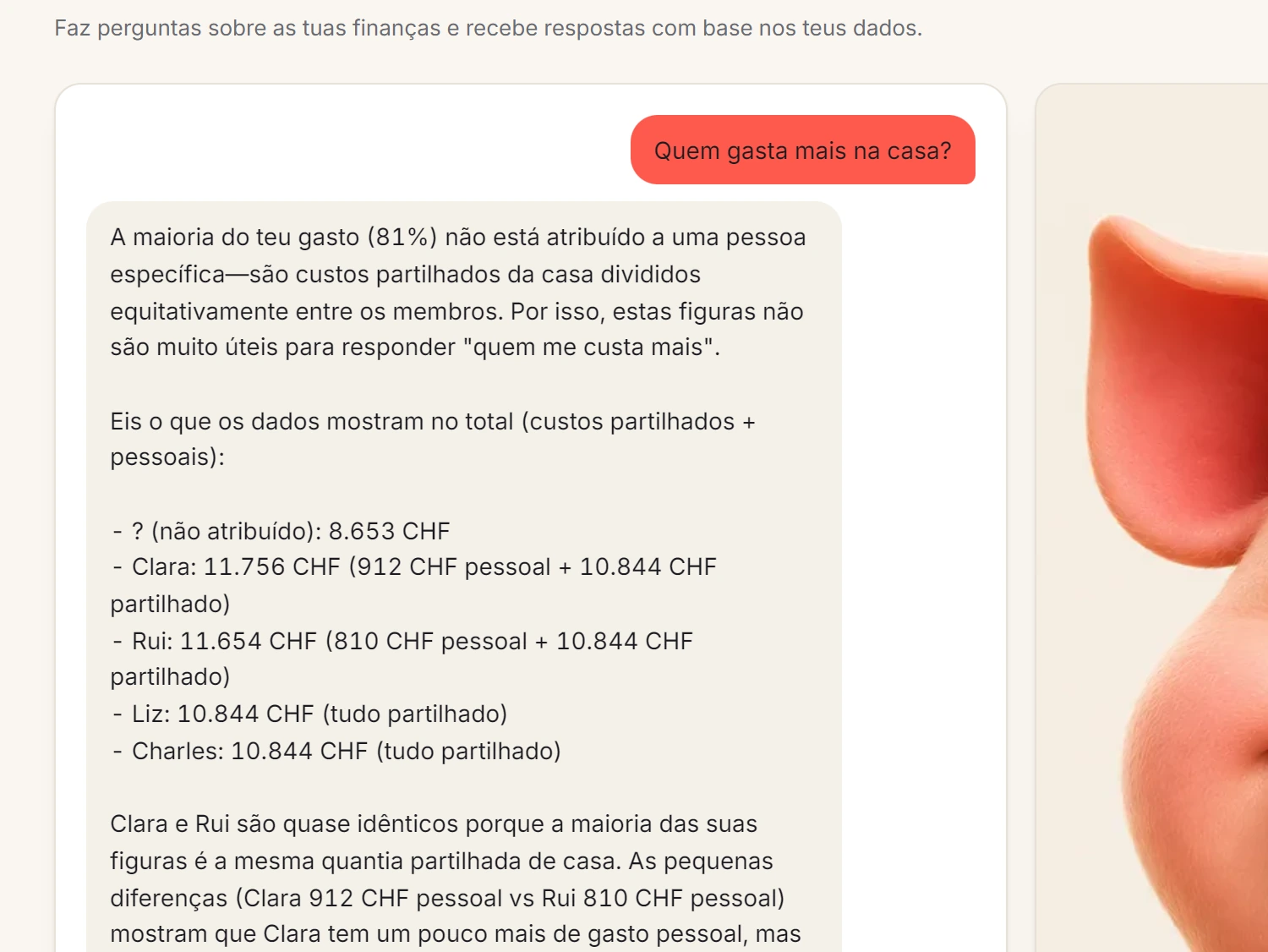 Um ecrã do Spendhog: Pergunta às tuas contas
